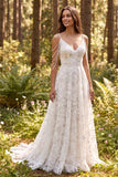 Vestido de Noiva Longo de Ombro Recorrido em A-Line Floral Marfim