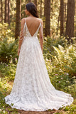 Vestido de Noiva Longo de Ombro Recorrido em A-Line Floral Marfim