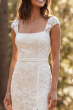 Vestido de noiva longo com decote quadrado floral em marfim de sereia e fenda