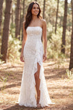 Vestido de Noiva Longo, Renda de Sereia em Marfim Sem Alças, com Folhos e Fenda