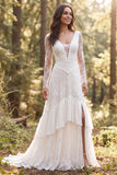 Vestido de Noiva Longo de Manga Longa Marfim Linha A, Folhos e Fenda