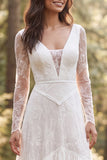 Vestido de Noiva Longo de Manga Longa Marfim Linha A, Folhos e Fenda