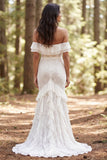 Vestido de Noiva Longo em Renda de Marfim Ombro Descoberto com Fenda de Folhos