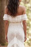 Vestido de Noiva Longo em Renda de Marfim Ombro Descoberto com Fenda de Folhos