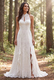 Vestido de Noiva Longa Linha A em renda de marfim com fenda