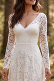 Vestido de Noiva de Manga Longa em Linha A em renda marfim com fenda