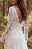 Vestido de Noiva de Manga Longa em Linha A em renda marfim com fenda
