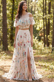 Vestido de noiva longo de 2 peças em linha A com decote floral e fenda