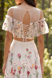 Vestido de noiva longo de 2 peças em linha A com decote floral e fenda