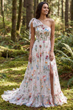 Vestido de Noiva A-Line Floral em Marfim de Um Ombro com Fenda