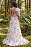 Vestido de Noiva A-Line Floral em Marfim de Um Ombro com Fenda