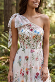 Vestido de Noiva A-Line Floral em Marfim de Um Ombro com Fenda
