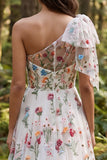 Vestido de Noiva A-Line Floral em Marfim de Um Ombro com Fenda