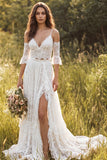 Vestido de noiva em renda longa com alças finas em linha A em marfim