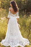 Vestido de noiva em renda longa com alças finas em linha A em marfim
