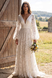 Vestido de Noiva A-Line Floral Marfim, decote em V, com decote comprido e mangas compridas