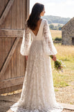 Vestido de Noiva A-Line Floral Marfim, decote em V, com decote comprido e mangas compridas