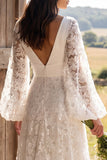 Vestido de Noiva A-Line Floral Marfim, decote em V, com decote comprido e mangas compridas