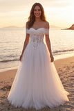Vestido de noiva longo de tule em linha A com linha em A e ombro caído