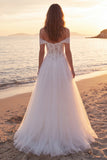 Vestido de noiva longo de tule em linha A com linha em A e ombro caído