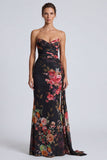 Vestido formal longo longo, sereia sem alças, floral franzido e sem alças, com faixa