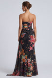 Vestido formal longo longo, sereia sem alças, floral franzido e sem alças, com faixa