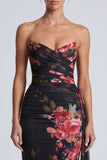 Vestido formal longo longo, sereia sem alças, floral franzido e sem alças, com faixa