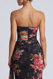 Vestido formal longo longo, sereia sem alças, floral franzido e sem alças, com faixa