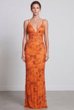 Lantejoulas florais laranja-sereia Vestido formal comprido