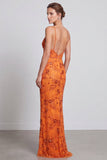Lantejoulas florais laranja-sereia Vestido formal comprido