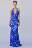 Vestido formal longo com decote halter azul real de sereia, lantejoulas azuis reais, floral