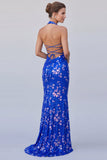Vestido formal longo com decote halter azul real de sereia, lantejoulas azuis reais, floral