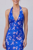 Vestido formal longo com decote halter azul real de sereia, lantejoulas azuis reais, floral
