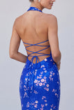 Vestido formal longo com decote halter azul real de sereia, lantejoulas azuis reais, floral
