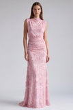 Vestido Formal Longo Floral de Sereia Cor-de-Rosa com Lantejoulas