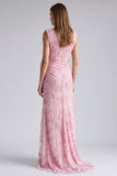 Vestido Formal Longo Floral de Sereia Cor-de-Rosa com Lantejoulas