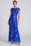 Lantejoulas Azul Reais, Vestido Formal Longo com Gola Bateau Floral Azul Real