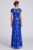 Lantejoulas Azul Reais, Vestido Formal Longo com Gola Bateau Floral Azul Real