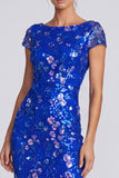 Lantejoulas Azul Reais, Vestido Formal Longo com Gola Bateau Floral Azul Real