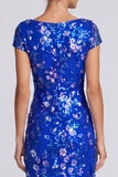 Lantejoulas Azul Reais, Vestido Formal Longo com Gola Bateau Floral Azul Real