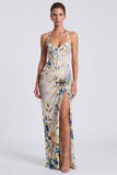 Espartilho floral de sereia com gola de marfim e decote halter vestido formal comprido com fenda