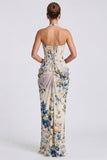 Espartilho floral de sereia com gola de marfim e decote halter vestido formal comprido com fenda