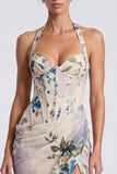 Espartilho floral de sereia com gola de marfim e decote halter vestido formal comprido com fenda