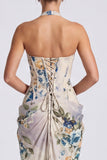 Espartilho floral de sereia com gola de marfim e decote halter vestido formal comprido com fenda
