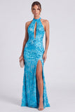 Vestido formal longo floral de sereia com decote halterdo cor-de-rosa e fenda
