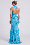 Vestido formal longo floral de sereia com decote halterdo cor-de-rosa e fenda