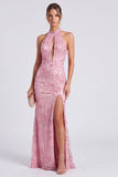 Vestido formal longo floral de sereia com decote halterdo cor-de-rosa e fenda