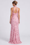 Vestido formal longo floral de sereia com decote halterdo cor-de-rosa e fenda