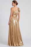 Vestido formal longo com laço metálico dourado de um ombro em linha em A, com fenda
