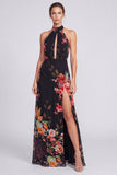 Vestido formal longo com gola alta, sereia preta em chiffon floral